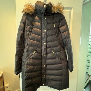 Michael Kors Women's Black Puffer Coat with Faux Fur Hood